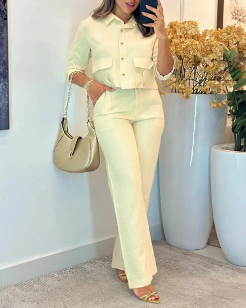 2 Pieces Outfit Turn-down Collar Turn-Up Sleeves Button Front Flap Pockets Design Top and Causal Zipper Fly Elastic Back Waist Wide Leg Pants Set Apricot