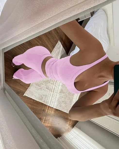 2 Pieces Outfit U-Neck Spaghetti Strap Cami Top and Elastic Waist Wide Leg Pants Set Casual Ribbed Set pink