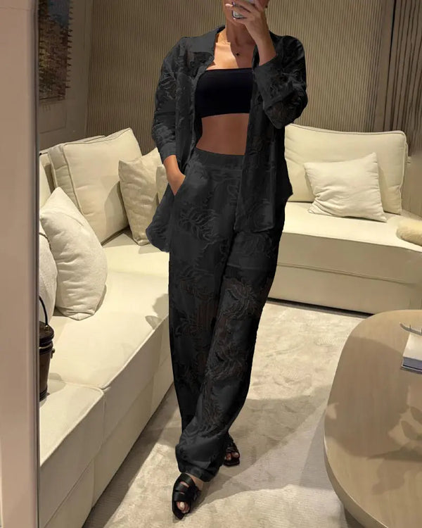 2 Pieces Outfit Jacquard Floral Turn-down Collar Button Front Pockets Design Top and Casual Elastic Back Waist Pants Set With Lining black