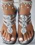 Rhinestone Floral Pattern Hollow Out Flip Flops Slippers silver
