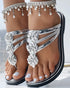 Rhinestone Floral Pattern Hollow Out Flip Flops Slippers silver