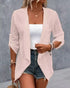 Open Front Floral Lace Embroidered Turn-Up Sleeves Coat Casual Lightweight Breathable Sheer Cardigan pink