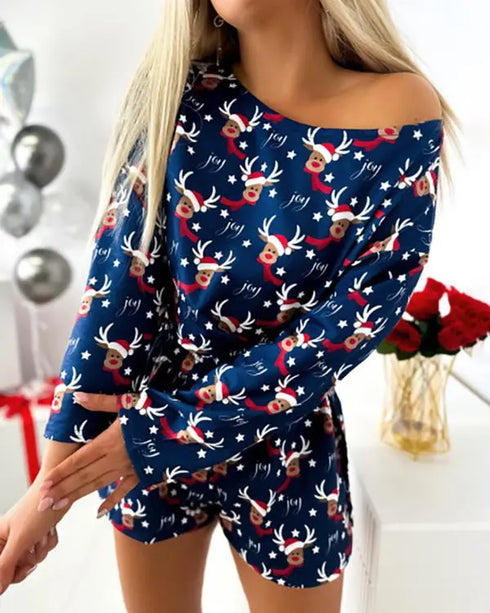 2 Pieces Lounge Set Cozy Christmas Pattern Cold Shoulder Long Sleeve Top and Casual Shorts Pajamas Set dark blue