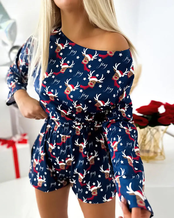2 Pieces Lounge Set Cozy Christmas Pattern Cold Shoulder Long Sleeve Top and Casual Shorts Pajamas Set dark blue