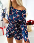 2 Pieces Lounge Set Cozy Christmas Pattern Cold Shoulder Long Sleeve Top and Casual Shorts Pajamas Set dark blue