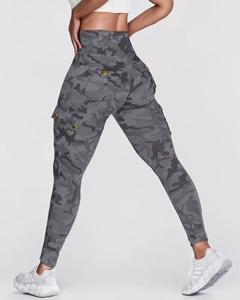 Camouflage Print High Waist Skinny Leggings with Cargo Flap Pockets Casual Pants gray