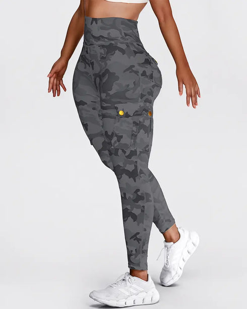 Butt Lifting Leggings with Flap Pockets High Waist Tummy Control Workout Cargo Pants gray