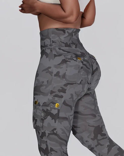 Butt Lifting Leggings with Flap Pockets High Waist Tummy Control Workout Cargo Pants gray