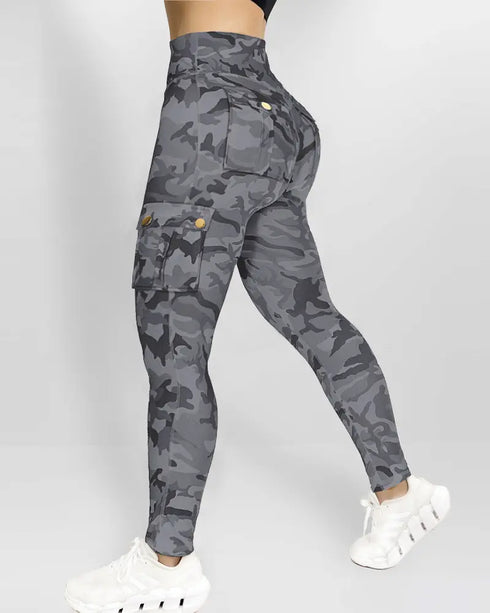 Camouflage Print High Waist Skinny Leggings with Cargo Flap Pockets Casual Pants gray