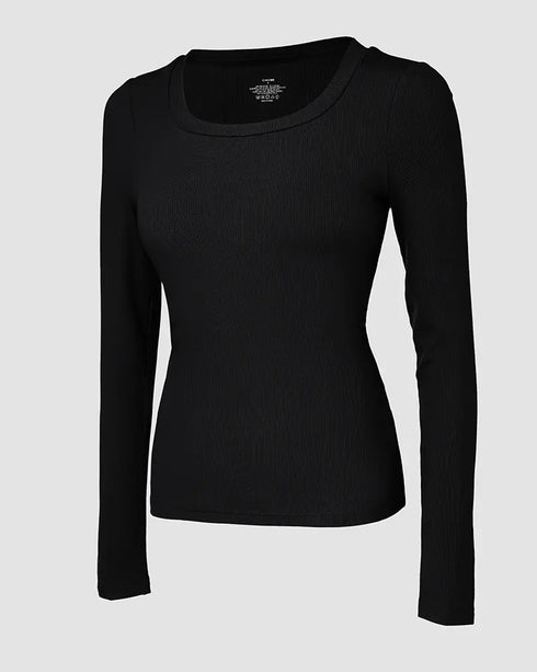 ChicMe Built-in Bra U-Neck Long Sleeve Ribbed Top black