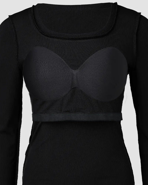 ChicMe Built-in Bra U-Neck Long Sleeve Ribbed Top black