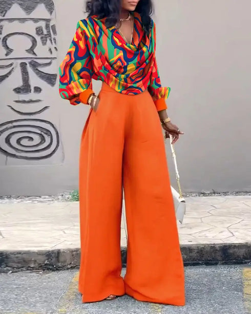 2 Pieces Outfit Abstract Print Cowl Neck Lantern Sleeve Stretchy Hem Crop Top and Casual Zipper Side Ruched Wide Leg Pants Set orange