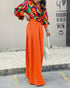 2 Pieces Outfit Multi-color All Over Print Cowl Neck Lantern Sleeve Stretchy Hem Loose Crop Top and Casual Elastic Back Waist Wide Leg Pants Set orange