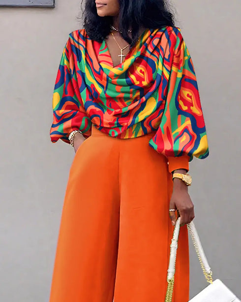 2 Pieces Outfit Multi-color All Over Print Cowl Neck Lantern Sleeve Stretchy Hem Loose Crop Top and Casual Elastic Back Waist Wide Leg Pants Set orange