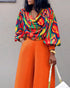 2 Pieces Outfit Floral Print Cowl Neck Lantern Sleeve Stretchy Hem Crop Top and Casual Elastic Back Waist Wide Leg Pants Set orange