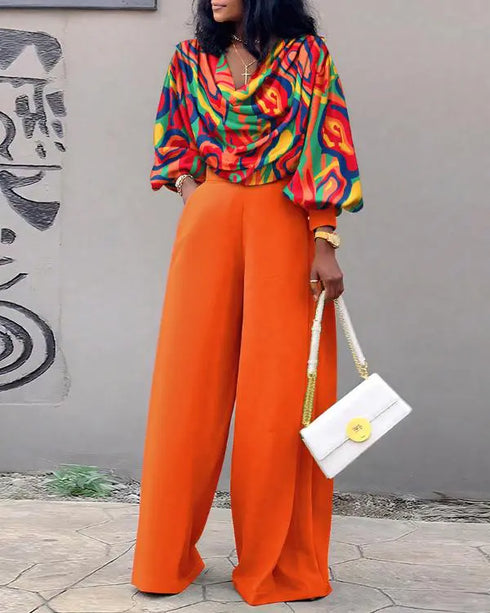 2 Pieces Outfit Multi-color All Over Print Cowl Neck Lantern Sleeve Stretchy Hem Loose Crop Top and Casual Elastic Back Waist Wide Leg Pants Set orange