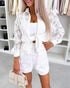 2 Pieces Outfit Turn-down Collar Lace Floral Hollow-out Button Front Top and Casual Elastic Waist Shorts Set With Lining white