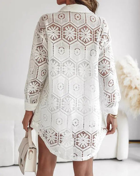 2 Pieces Outfit Turn-down Collar Lace Floral Hollow-out Button Front Top and Casual Elastic Waist Shorts Set With Lining white