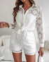 2 Pieces Outfit Turn-down Collar Lace Floral Hollow-out Button Front Top and Casual Elastic Waist Shorts Set With Lining white