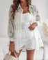 2 Pieces Outfit Turn-down Collar Lace Floral Hollow-out Button Front Top and Casual Elastic Waist Shorts Set With Lining white
