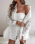 2 Pieces Outfit Turn-down Collar Lace Floral Hollow-out Button Front Top and Casual Elastic Waist Shorts Set With Lining white