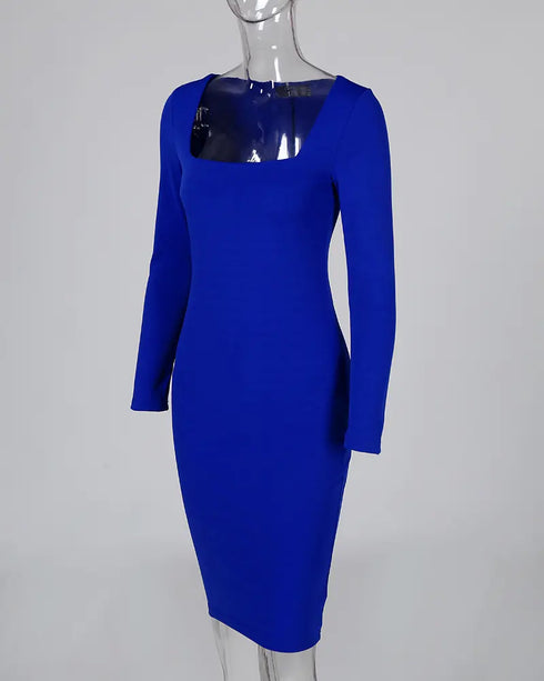 Square Neck Long Sleeve Zipper Back Midi Dress Slit Back Bodycon Dress blue
