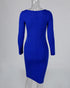 Square Neck Long Sleeve Zipper Back Midi Dress Slit Back Bodycon Dress blue