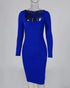 Square Neck Long Sleeve Zipper Back Midi Dress Slit Back Bodycon Dress blue