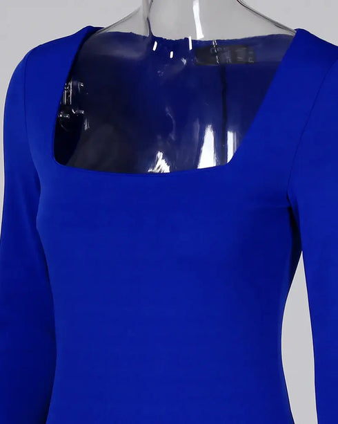 Square Neck Long Sleeve Zipper Back Midi Dress Slit Back Bodycon Dress blue
