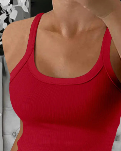 Scoop Neck Spaghetti Strap Ribbed Top Casual Sleeveless Slim Fit Tank red