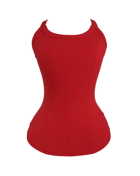 Scoop Neck Spaghetti Strap Ribbed Top Casual Sleeveless Slim Fit Tank red