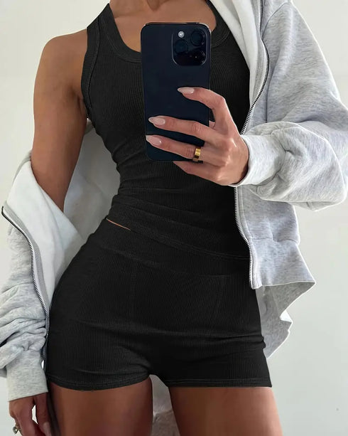 2PCS Micro-Ribbed U-Neck Tank Top & Boxer Set Cozy Loungewear black
