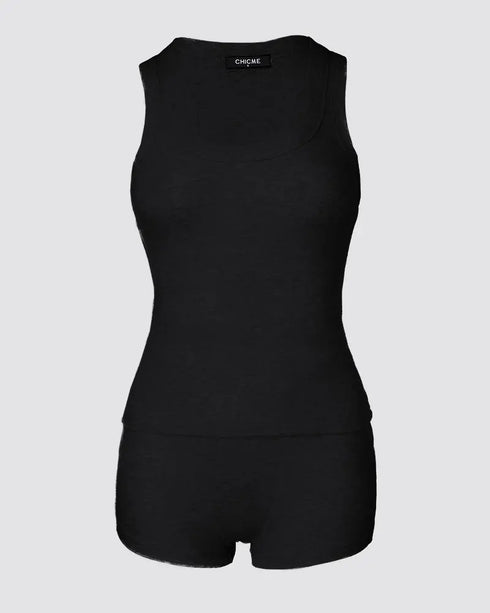 2 Pieces Outfit Floral Print U-Neck Tank Top and Elastic Waist Shorts Set Slim Fit Ribbed Set black