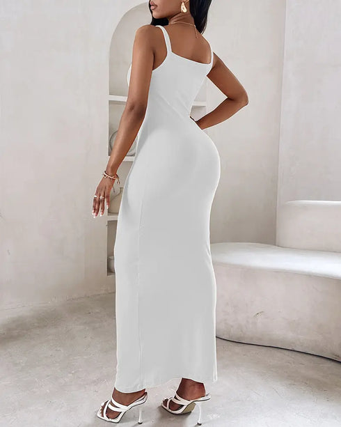 Spaghetti Strap U-Neck Casual Maxi Dress Slim Fit Cami Vacation Dress white
