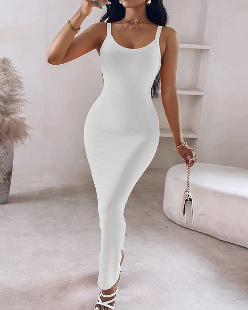 Spaghetti Strap U-Neck Casual Maxi Dress Slim Fit Cami Vacation Dress white