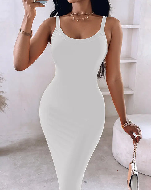 Spaghetti Strap U-Neck Casual Maxi Dress Slim Fit Cami Vacation Dress white