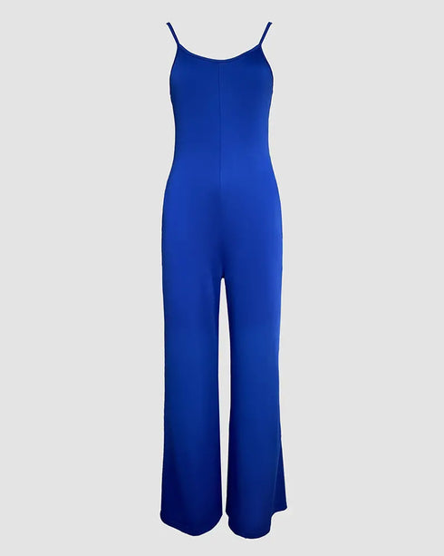 Spaghetti Strap Round Neck Comfy Jumpsuit Casual Slim Fit Romper with Pockets blue