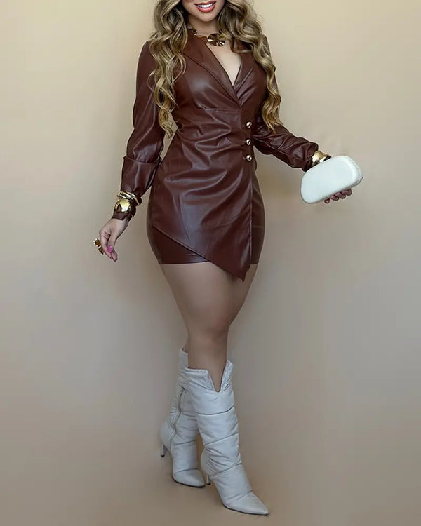 Long Sleeve Notched Collar Faux Two Piece Bodycon Dress Casual Waist Metal Button Decor PU Mini Dress brown