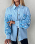 Casual Jacket Sequin Patchwork Long Sleeve Jacket Top Button Front Raw Hem Oversized Denim Shacket Lighted Blue