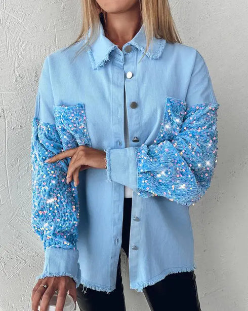 Sequin Decor Turn-down Collar Button Front Pockets Design Denim Coat Casual Fuzzy Spliced Raw Trim Shacket Lighted Blue