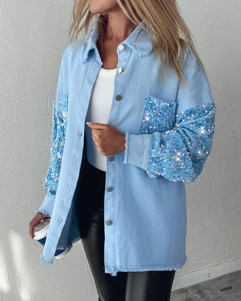Casual Jacket Sequin Patchwork Long Sleeve Jacket Top Button Front Raw Hem Oversized Denim Shacket Lighted Blue