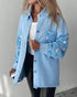 Sequin Decor Turn-down Collar Button Front Pockets Design Denim Coat Casual Fuzzy Spliced Raw Trim Shacket Lighted Blue