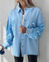 Contrast Sequin Turn-down Collar Long Sleeve Tassel Design Fuzzy Shacket with Pocket Lighted Blue