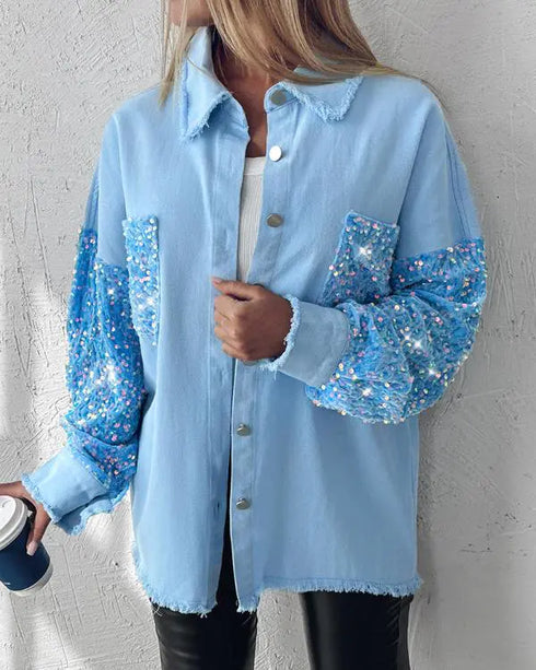 Casual Jacket Sequin Patchwork Long Sleeve Jacket Top Button Front Raw Hem Oversized Denim Shacket Lighted Blue