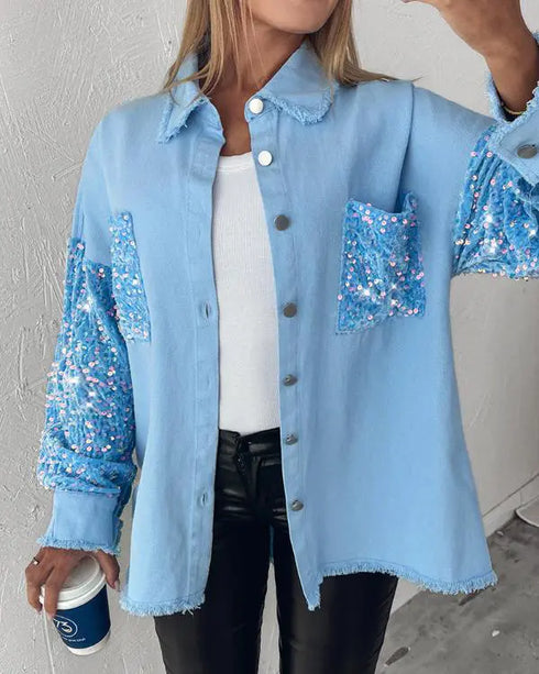Sequin Decor Turn-down Collar Button Front Pockets Design Denim Coat Casual Fuzzy Spliced Raw Trim Shacket Lighted Blue