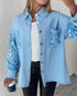 Sequin Decor Turn-down Collar Button Front Pockets Design Denim Coat Casual Fuzzy Spliced Raw Trim Shacket Lighted Blue