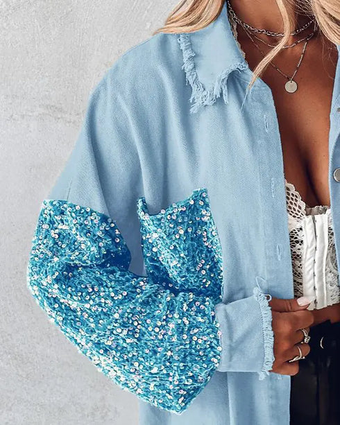 Sequin Decor Turn-down Collar Button Front Pockets Design Denim Coat Casual Fuzzy Spliced Raw Trim Shacket Lighted Blue