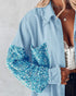 Casual Jacket Sequin Patchwork Long Sleeve Jacket Top Button Front Raw Hem Oversized Denim Shacket Lighted Blue