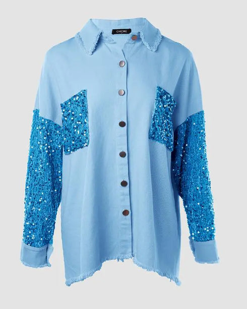 Contrast Sequin Turn-down Collar Long Sleeve Tassel Design Fuzzy Shacket with Pocket Lighted Blue