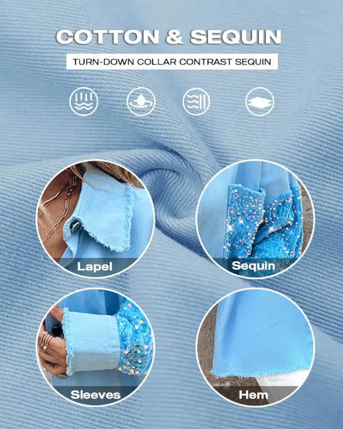 Sequin Decor Turn-down Collar Button Front Pockets Design Denim Coat Casual Fuzzy Spliced Raw Trim Shacket Lighted Blue